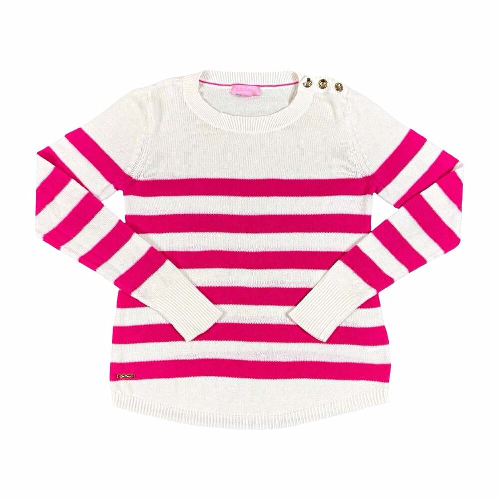Lilly Pulitzer Women’s Cotton Knit Crewneck Striped Sweater S Shoulder Buttons